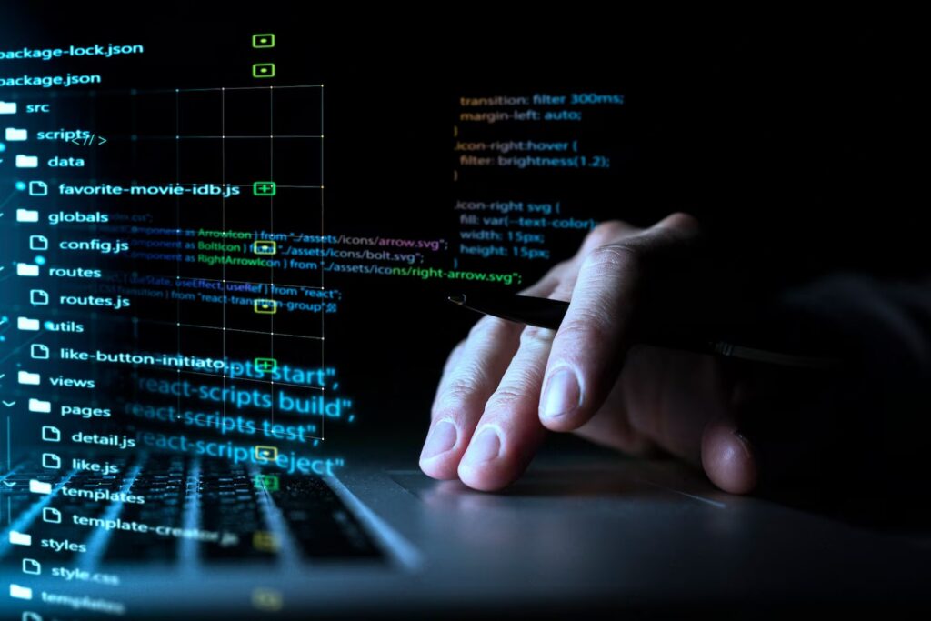Developer writing JavaScript code with project folder structure open
